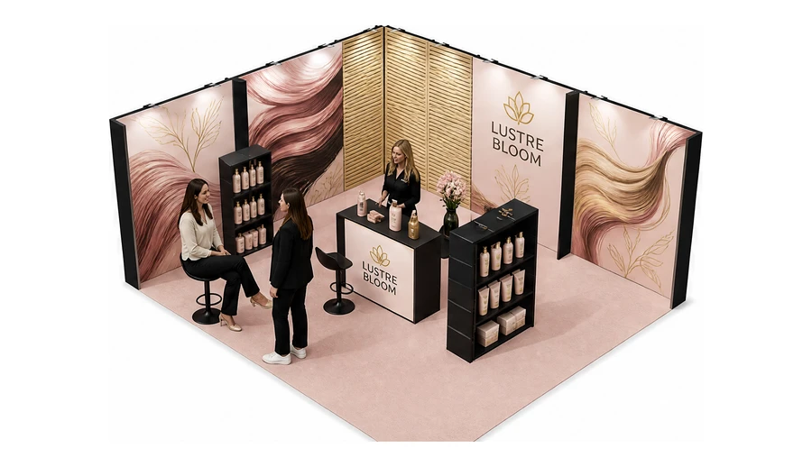Stoisko 6 × 5 m narożne lewe dla branży fryzjerstwo i salony beauty, przykładowa marka Lustre Bloom