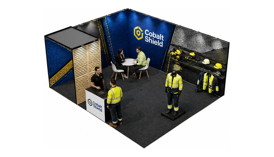 Stoisko 6 × 5 m narożne lewe dla branży BHP i odzież ochronna, przykładowa marka Cobalt Shield