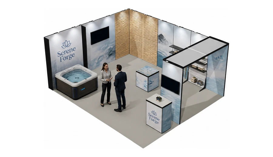 Stoisko 6 × 5 m narożne lewe dla branży spa i wellness, przykładowa marka Serene Forge