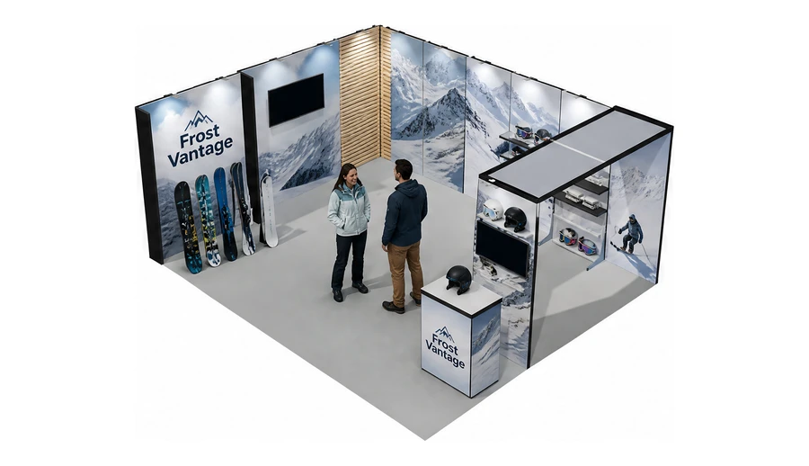 Stoisko 6 × 5 m narożne lewe dla branży narciarstwo i sporty zimowe, przykładowa marka Frost Vantage