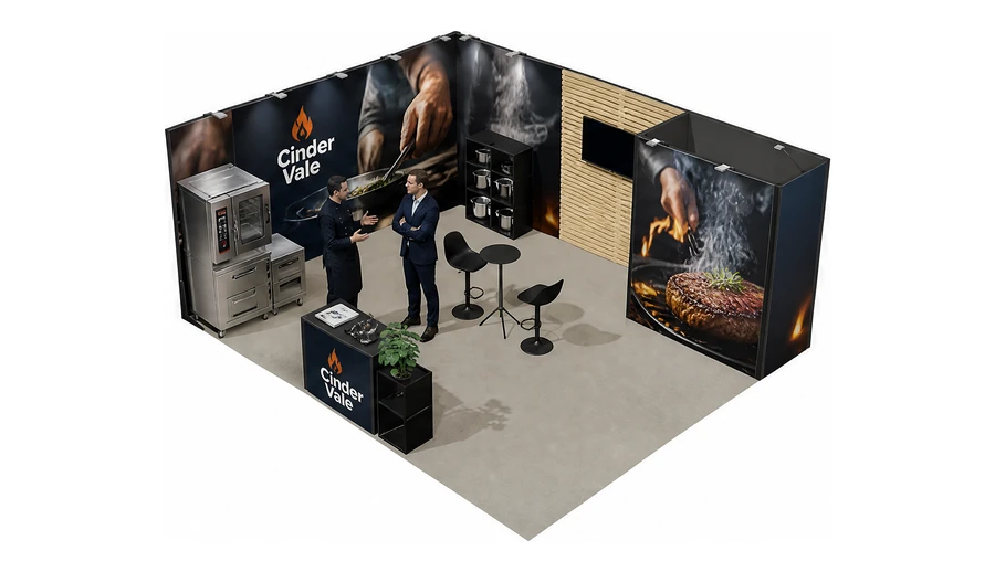 Stoisko 6 × 5 m narożne lewe dla branży wyposażenie gastronomii, przykładowa marka Cinder Vale