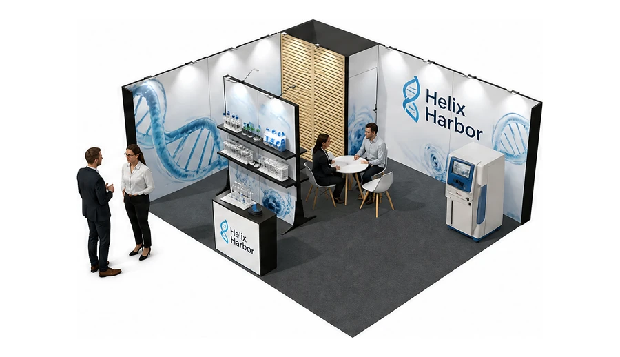 Stoisko 6 × 5 m narożne lewe dla branży farmacja i biotechnologia, przykładowa marka Helix Harbor