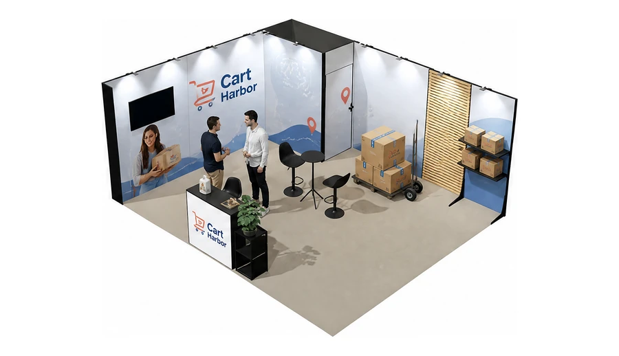Stoisko 6 × 5 m narożne lewe dla branży e-commerce, przykładowa marka Cart Harbor
