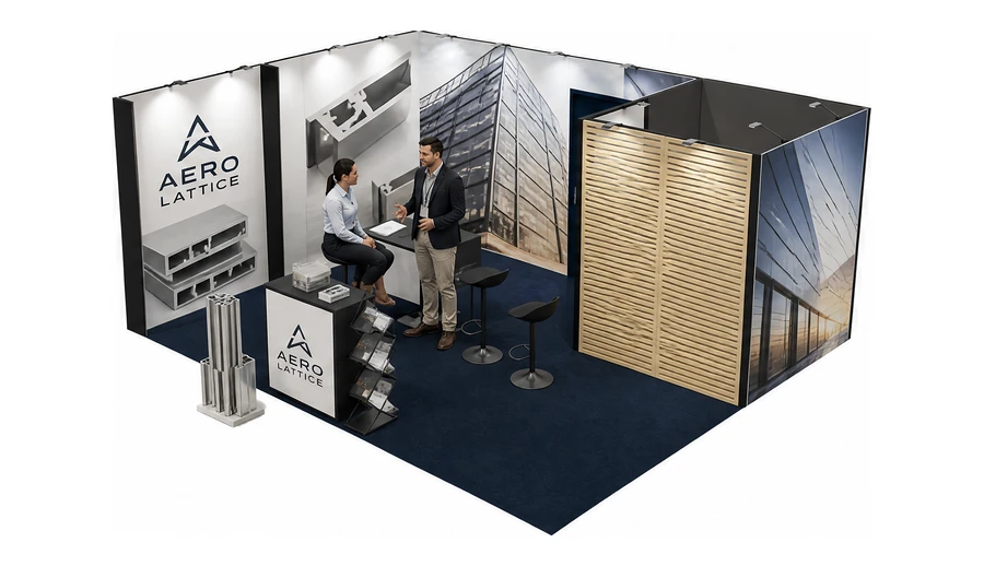 Stoisko 6 × 5 m narożne lewe dla branży profile aluminiowe, przykładowa marka Aero Lattice