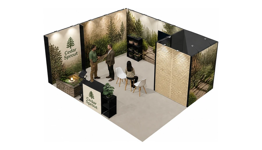 Stoisko 6 × 5 m narożne lewe dla branży ogród i architektura krajobrazu, przykładowa marka Cedar Sprout