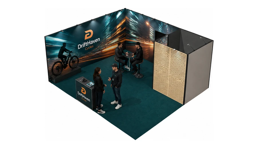 Stoisko 6 × 5 m narożne lewe dla branży rowery elektryczne, przykładowa marka DriftHaven Cycles
