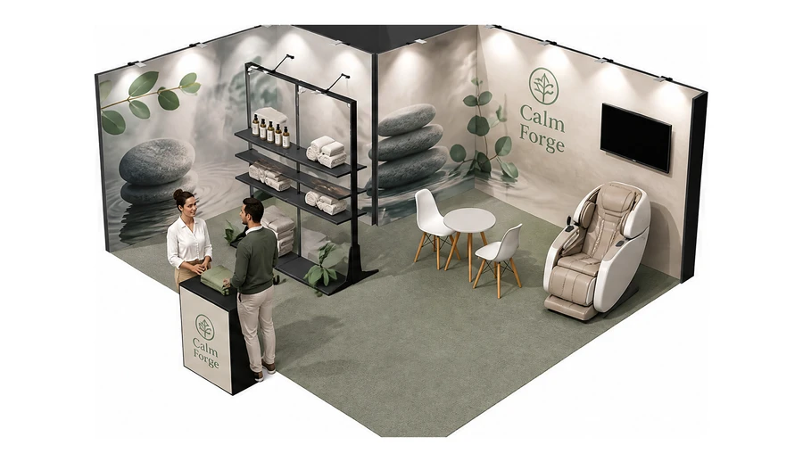 Stoisko 6 × 5 m narożne lewe dla branży spa i wellness, przykładowa marka Calm Forge