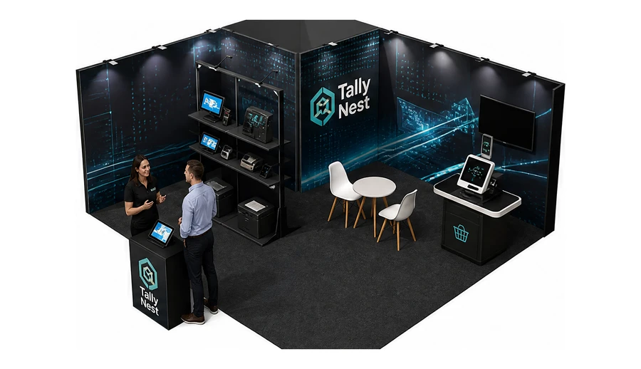 Stoisko 6 × 5 m narożne lewe dla branży technologie dla handlu, przykładowa marka Tally Nest