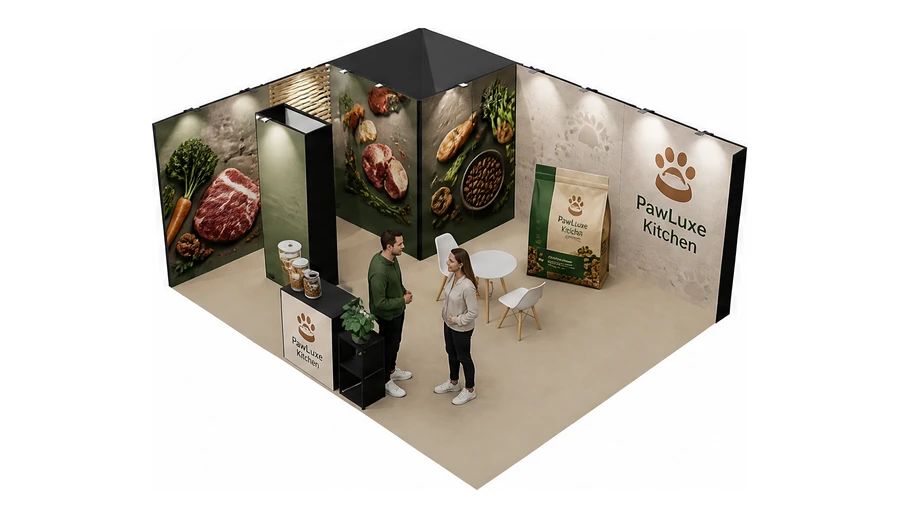 Stoisko 6 × 5 m narożne lewe dla branży karma dla zwierząt, przykładowa marka PawLuxe Kitchen
