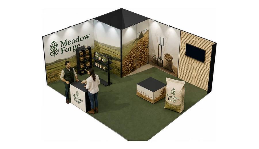 Stoisko 6 × 5 m narożne lewe dla branży hodowla i pasze, przykładowa marka Meadow Forge