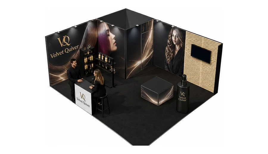 Stoisko 6 × 5 m narożne lewe dla branży fryzjerstwo i salony beauty, przykładowa marka Velvet Quiver
