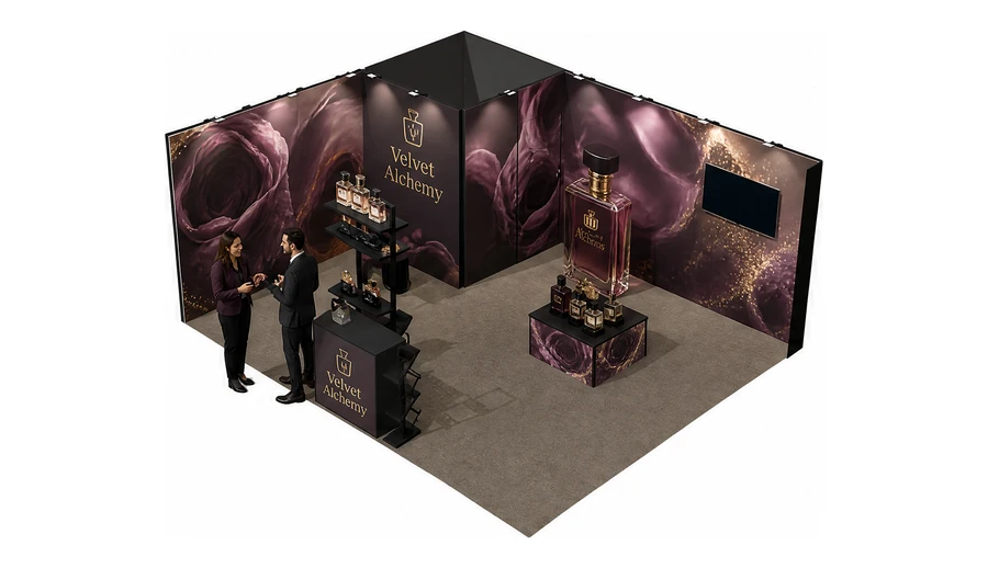Stoisko 6 × 5 m narożne lewe dla branży perfumy, przykładowa marka Velvet Alchemy