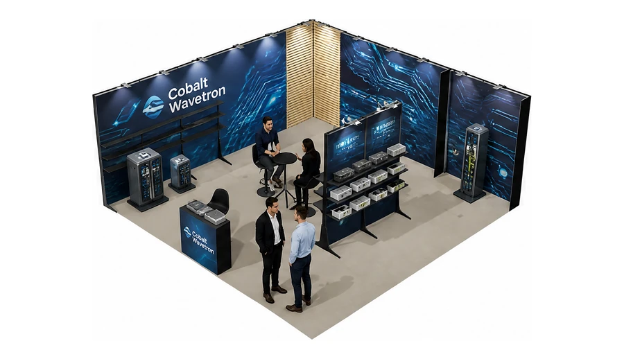 Stoisko 6 × 6 m narożne lewe dla branży komponenty elektroniczne, przykładowa marka Cobalt Wavetron