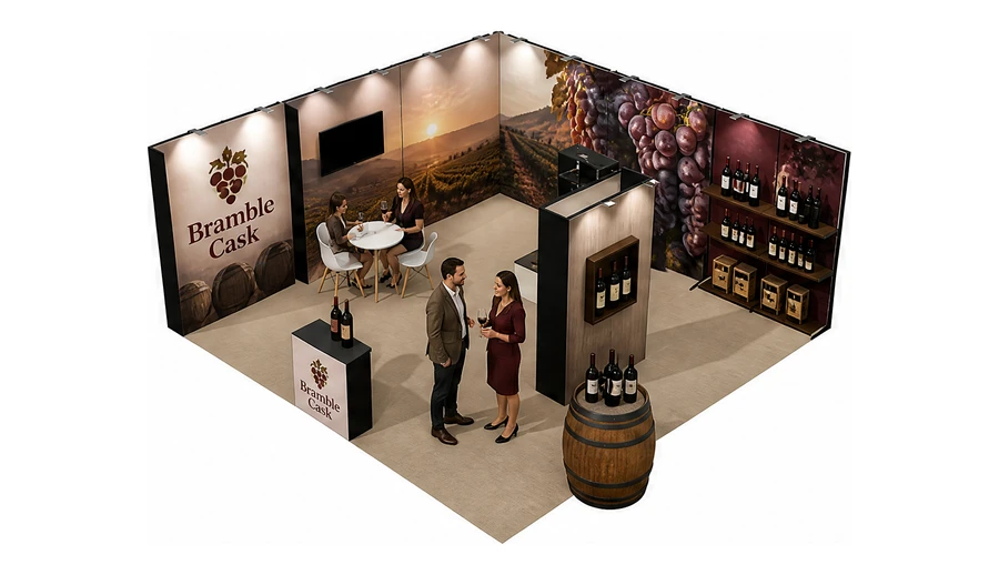 Stoisko 6 × 6 m narożne lewe dla branży winnica, przykładowa marka Bramble Cask