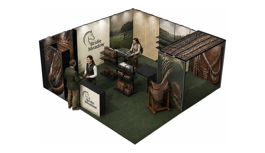 Stoisko 6 × 6 m narożne lewe dla branży jeździectwo, przykładowa marka Bridle Meadow