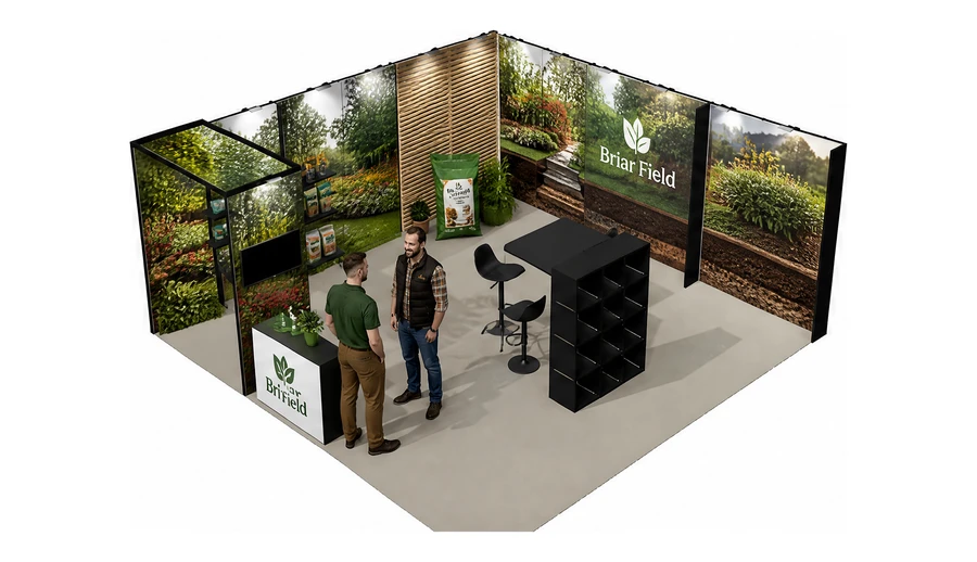 Stoisko 6 × 6 m narożne lewe dla branży ogród i architektura krajobrazu, przykładowa marka Briar Field