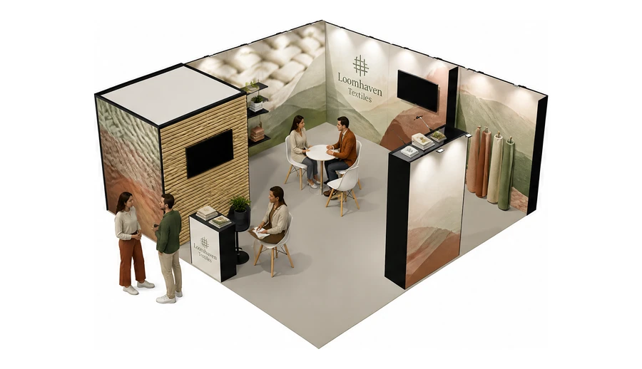 Stoisko 6 × 6 m narożne lewe dla branży tekstylia i tkaniny, przykładowa marka Loomhaven Textiles