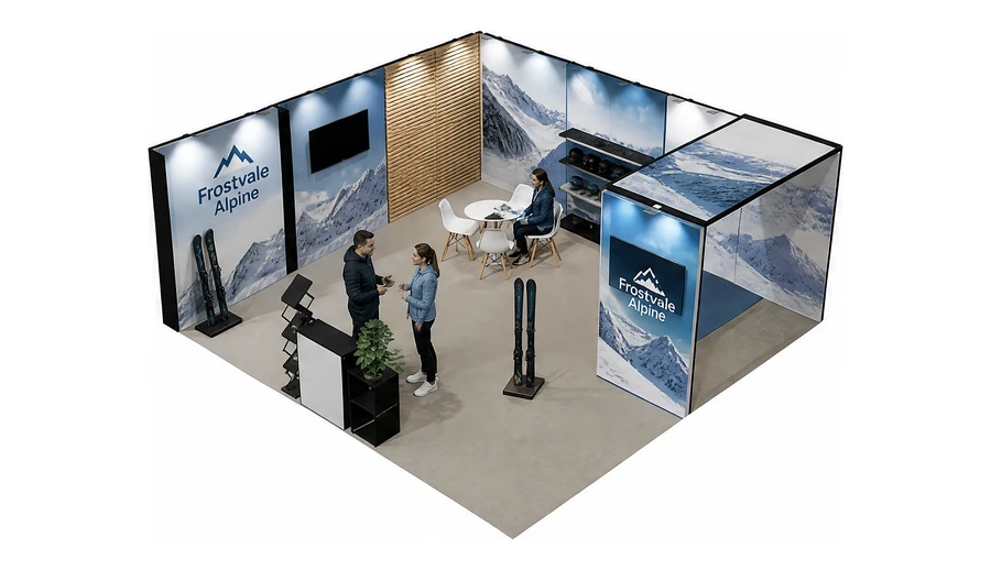 Stoisko 6 × 6 m narożne lewe dla branży narciarstwo i sporty zimowe, przykładowa marka Frostvale Alpine