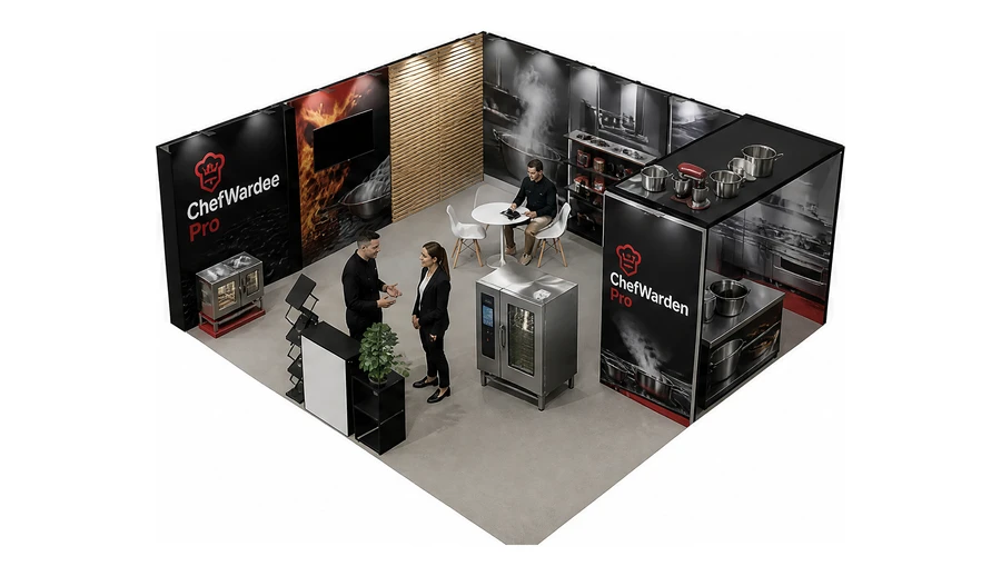 Stoisko 6 × 6 m narożne lewe dla branży wyposażenie gastronomii, przykładowa marka ChefWarden Pro