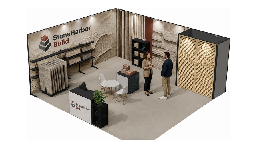 Stoisko 6 × 6 m narożne lewe dla branży materiały budowlane, przykładowa marka StoneHarbor Build