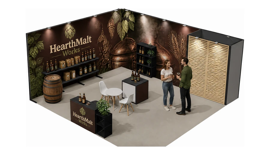 Stoisko 6 × 6 m narożne lewe dla branży browar rzemieślniczy, przykładowa marka HearthMalt Works