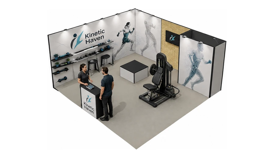 Stoisko 6 × 6 m narożne lewe dla branży rehabilitacja i fizjoterapia, przykładowa marka Kinetic Haven