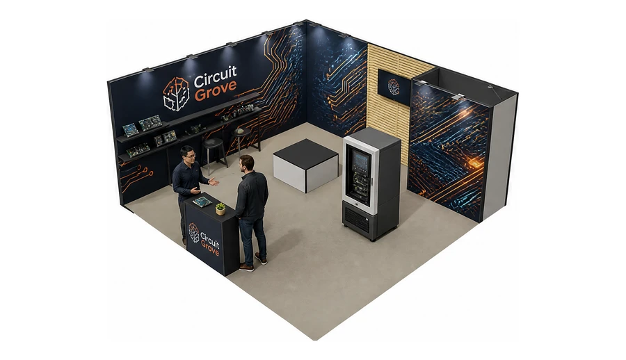 Stoisko 6 × 6 m narożne lewe dla branży komponenty elektroniczne, przykładowa marka Circuit Grove