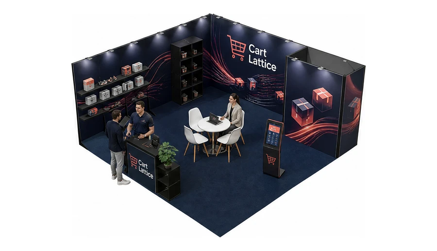 Stoisko 6 × 6 m narożne lewe dla branży e-commerce, przykładowa marka Cart Lattice