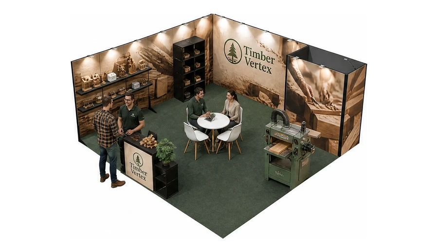 Stoisko 6 × 6 m narożne lewe dla branży maszyny do obróbki drewna, przykładowa marka Timber Vertex