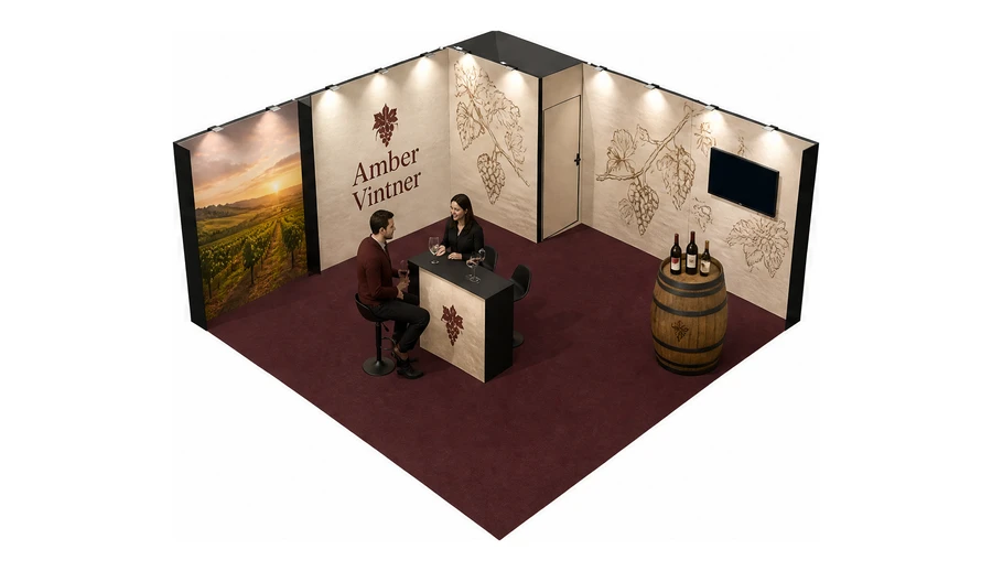 Stoisko 6 × 6 m narożne lewe dla branży winnica, przykładowa marka Amber Vintner