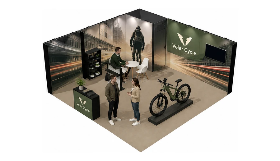 Stoisko 6 × 6 m narożne lewe dla branży rowery elektryczne, przykładowa marka Velar Cycle