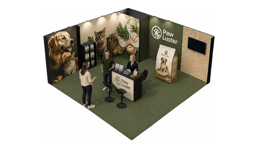 Stoisko 6 × 6 m narożne lewe dla branży karma dla zwierząt, przykładowa marka Paw Luster