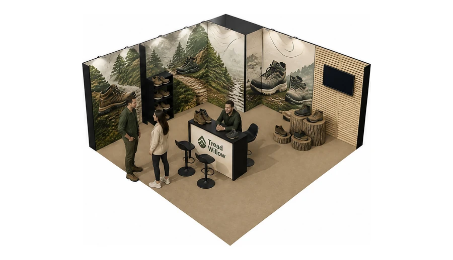 Stoisko 6 × 6 m narożne lewe dla branży obuwie, przykładowa marka Tread Willow