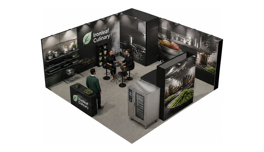 Stoisko 6 × 6 m narożne lewe dla branży wyposażenie gastronomii, przykładowa marka Ironleaf Culinary