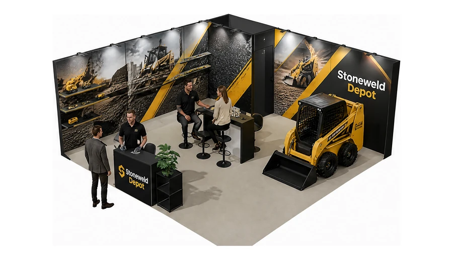 Stoisko 6 × 6 m narożne lewe dla branży maszyny budowlane, przykładowa marka Stoneweld Depot