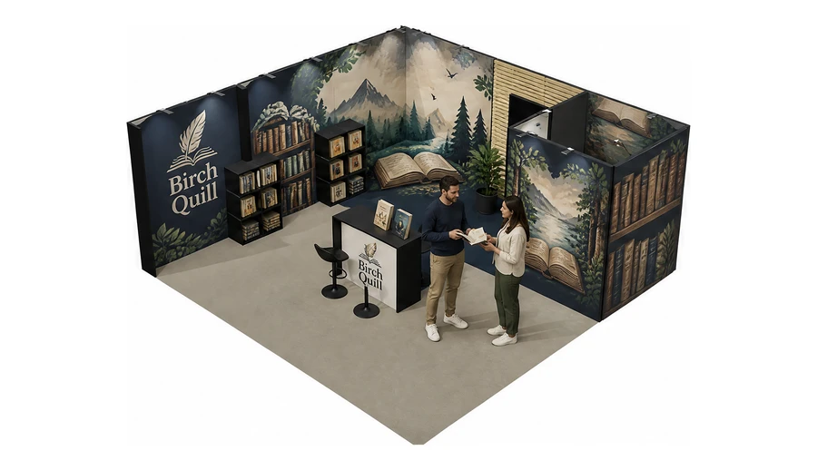 Stoisko 6 × 6 m narożne lewe dla branży wydawnictwa, przykładowa marka Birch Quill