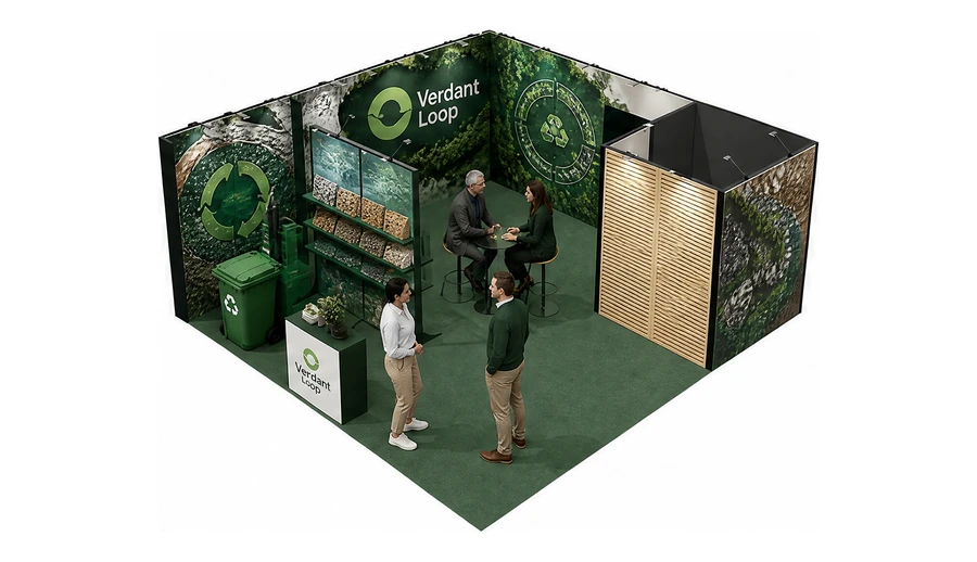 Stoisko 6 × 6 m narożne lewe dla branży recykling i ochrona środowiska, przykładowa marka Verdant Loop