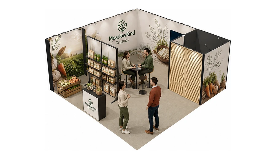 Stoisko 6 × 6 m narożne lewe dla branży żywność ekologiczna, przykładowa marka MeadowKind Organics
