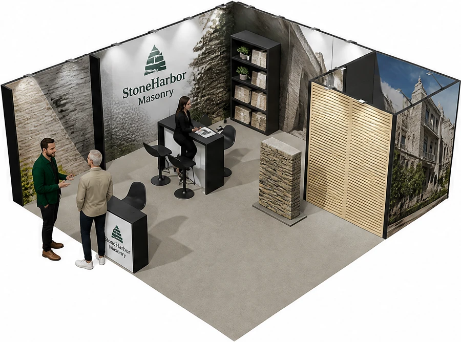 Stoisko 6 × 6 m narożne lewe dla branży materiały budowlane, przykładowa marka StoneHarbor Masonry