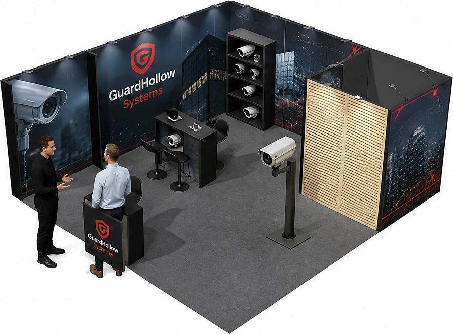 Stoisko 6 × 6 m narożne lewe dla branży systemy zabezpieczeń, przykładowa marka GuardHollow Systems