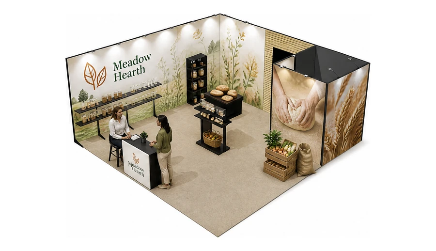 Stoisko 6 × 6 m narożne lewe dla branży żywność ekologiczna, przykładowa marka Meadow Hearth
