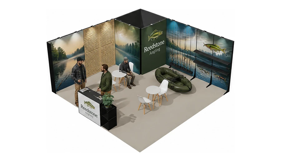 Stoisko 6 × 6 m narożne lewe dla branży wędkarstwo, przykładowa marka Reedstone Angling