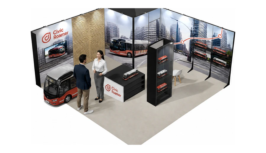 Stoisko 6 × 6 m narożne lewe dla branży autobusy i transport zbiorowy, przykładowa marka Civic Roamer