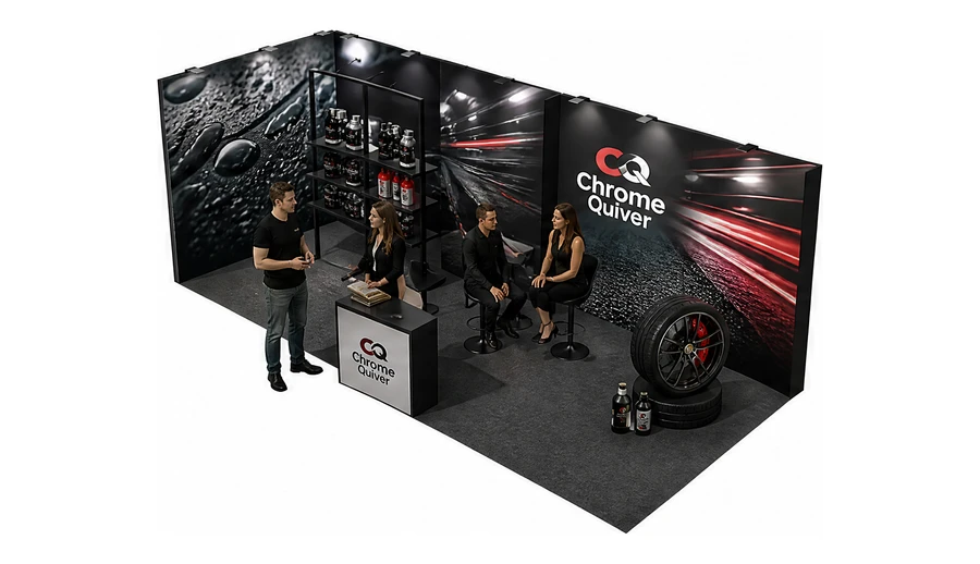 Stoisko 8 × 3 m narożne lewe dla branży tuning i detailing, przykładowa marka Chrome Quiver