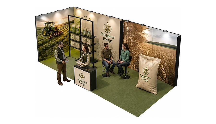 Stoisko 8 × 3 m narożne lewe dla branży hodowla i pasze, przykładowa marka Meadow Forge