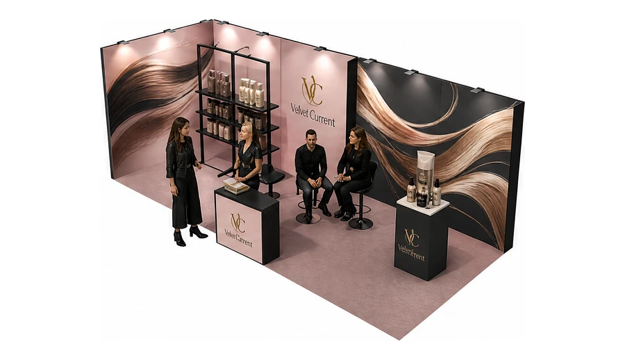 Stoisko 8 × 3 m narożne lewe dla branży fryzjerstwo i salony beauty, przykładowa marka Velvet Current
