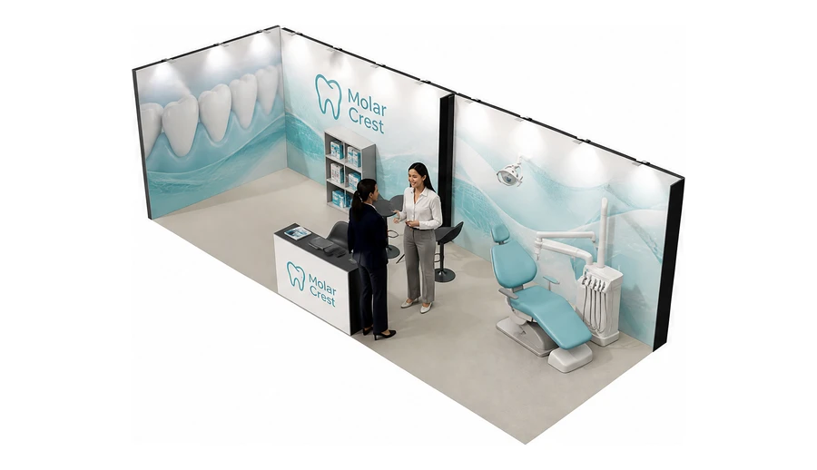 Stoisko 8 × 3 m narożne lewe dla branży stomatologia, przykładowa marka Molar Crest