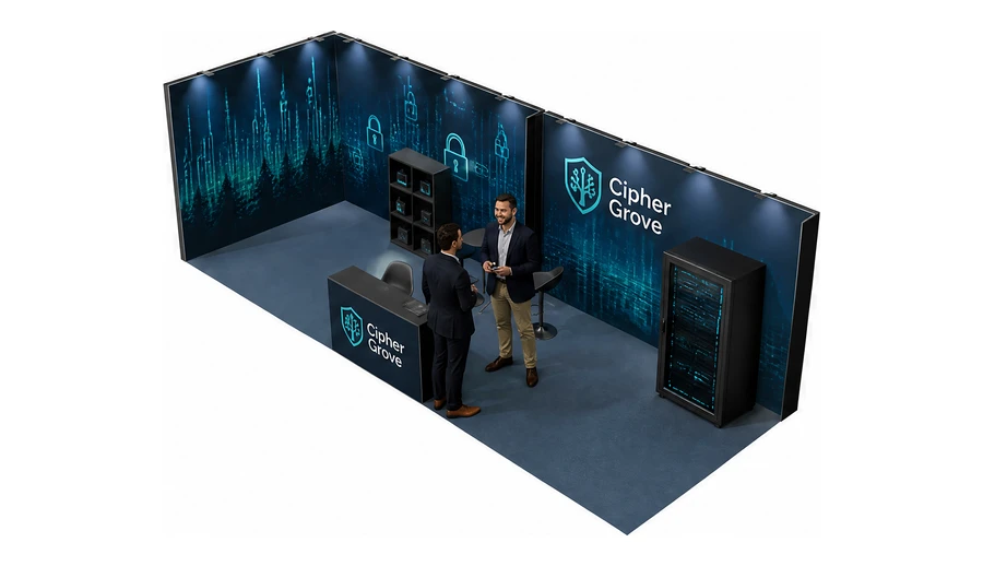 Stoisko 8 × 3 m narożne lewe dla branży cyberbezpieczeństwo, przykładowa marka Cipher Grove