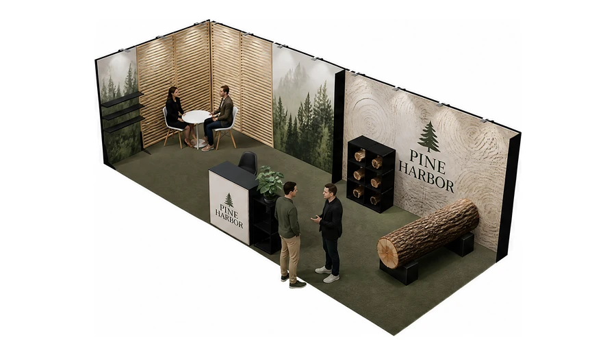 Stoisko 8 × 3 m narożne lewe dla branży leśnictwo i przemysł drzewny, przykładowa marka Pine Harbor