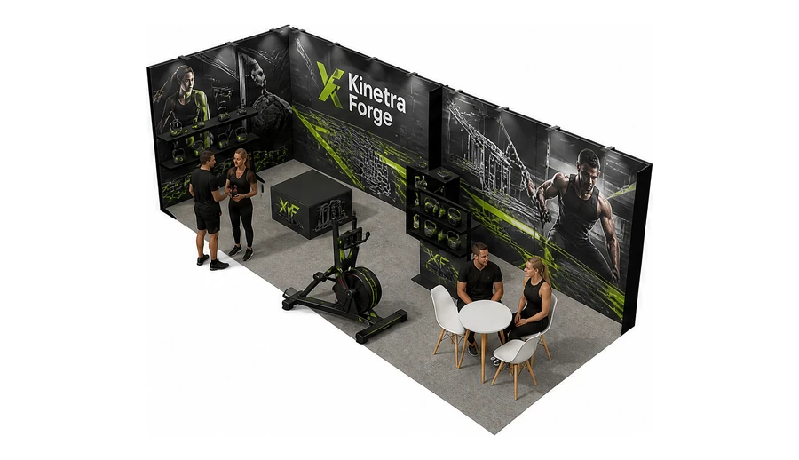 Stoisko 8 × 3 m narożne lewe dla branży fitness i siłownie, przykładowa marka Kinetra Forge